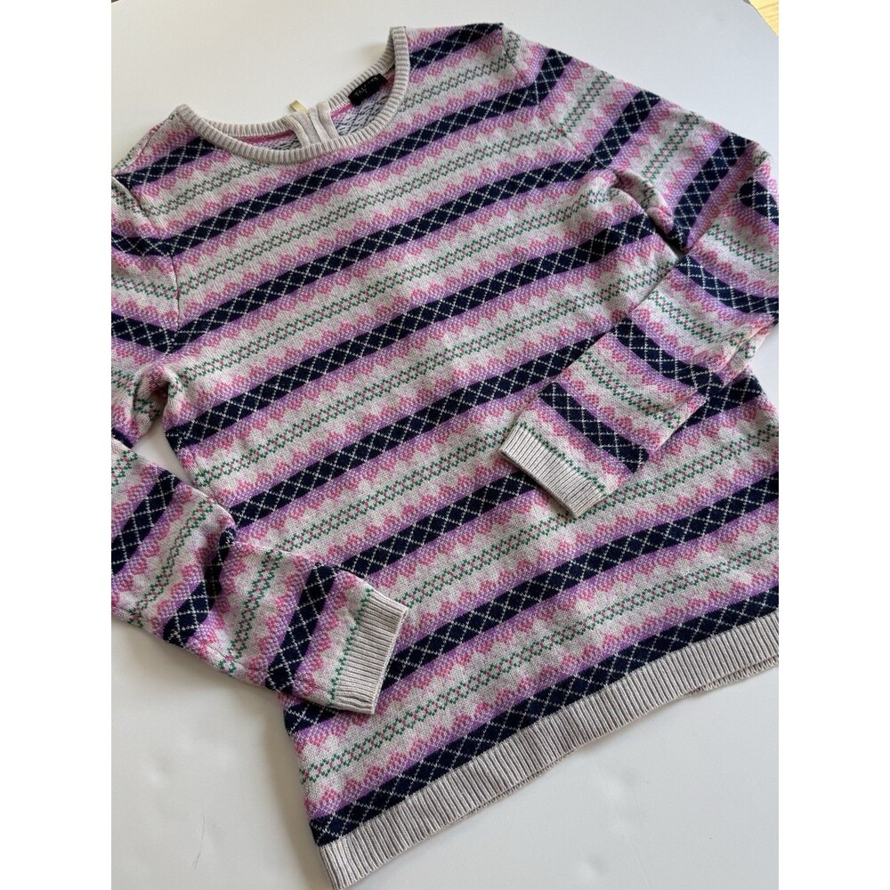 Talbots sweater Size Mp pink white fair isle nordic ribbed striped back zipper
